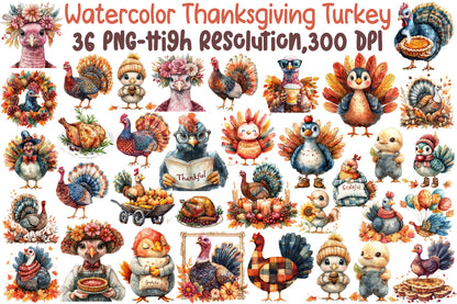 Watercolor Thanksgiving Turkey Clipart PNG Bundle