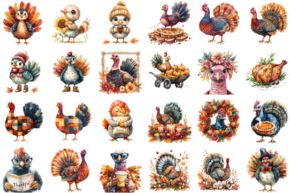 Watercolor Thanksgiving Turkey Clipart PNG Bundle
