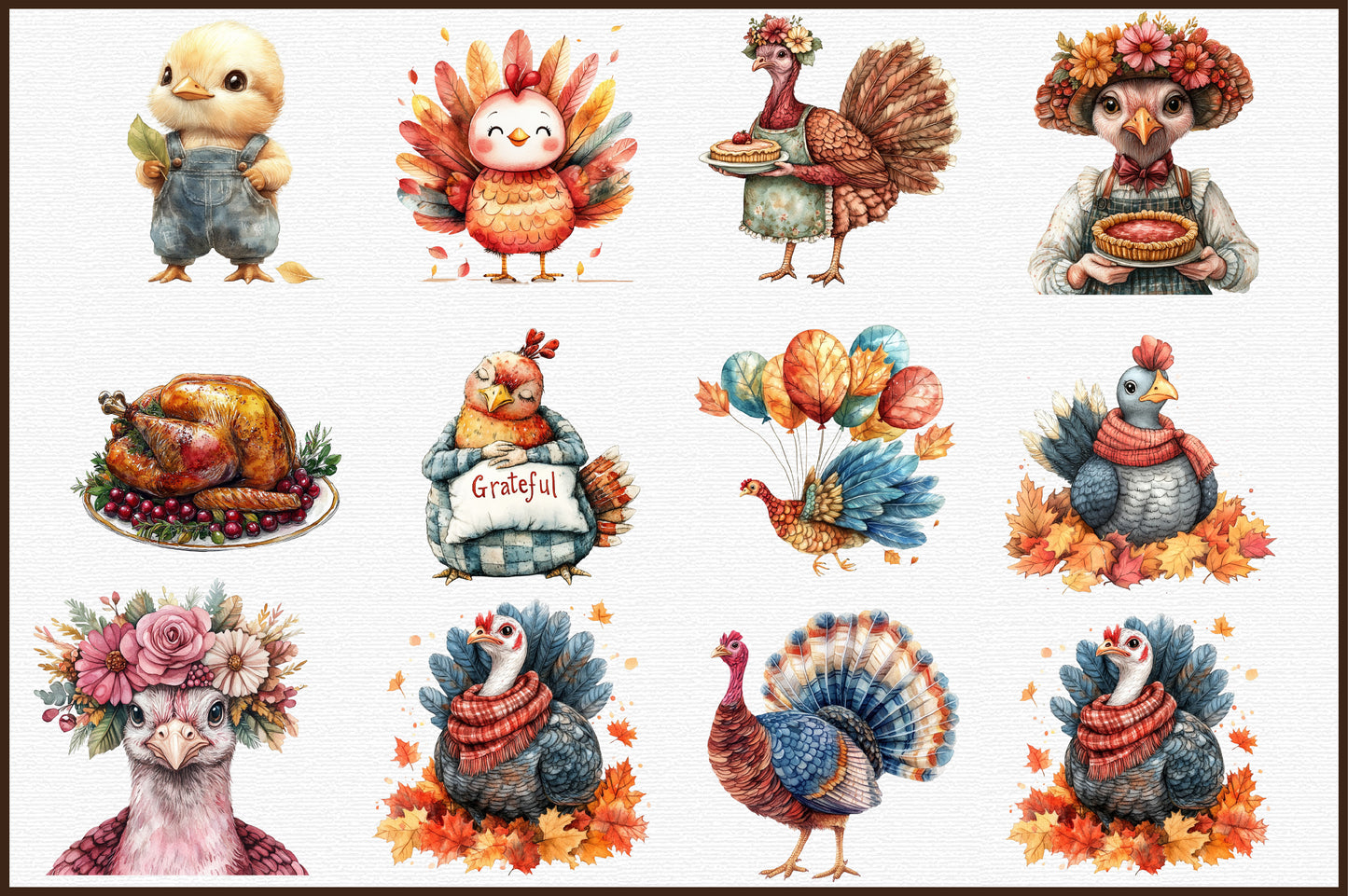 Watercolor Thanksgiving Turkey Clipart PNG Bundle