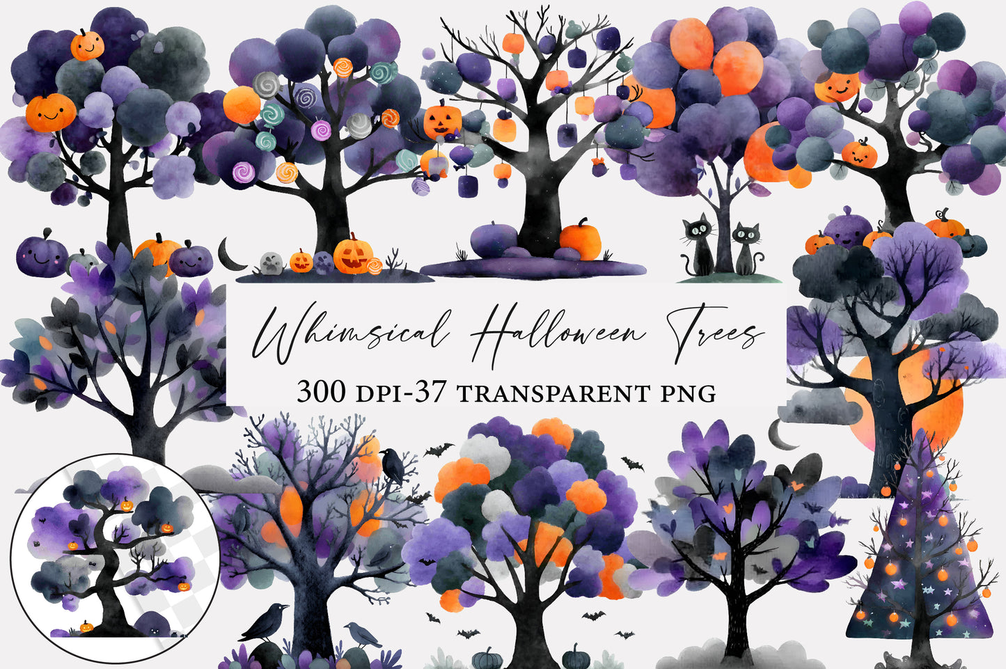 Whimsical Halloween Trees PNG | Watercolor Spooky Tree Clipart Bundle | 37 Transparent PNG
