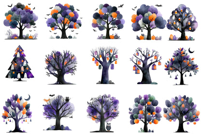 Whimsical Halloween Trees PNG | Watercolor Spooky Tree Clipart Bundle | 37 Transparent PNG