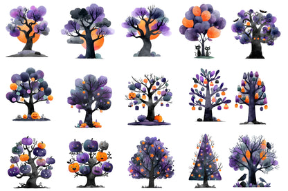 Whimsical Halloween Trees PNG | Watercolor Spooky Tree Clipart Bundle | 37 Transparent PNG
