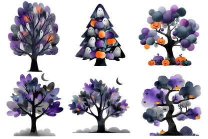 Whimsical Halloween Trees PNG | Watercolor Spooky Tree Clipart Bundle | 37 Transparent PNG