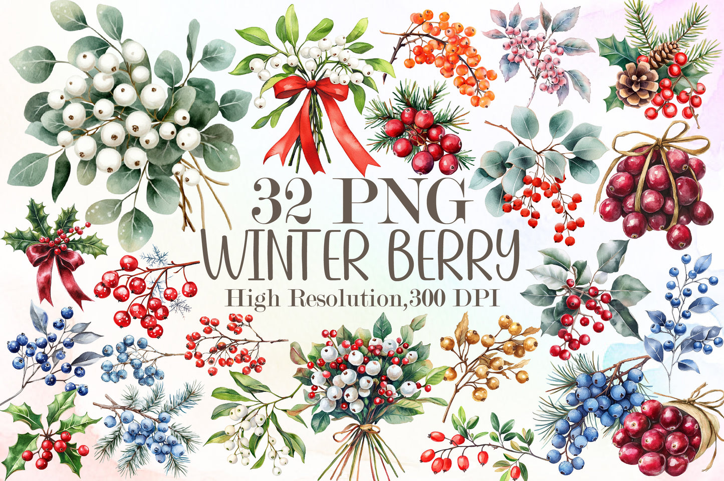 Watercolor Winter Berry Christmas Clipart PNG Bundle