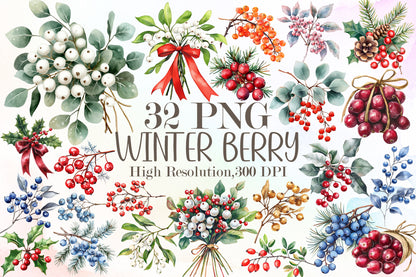 Watercolor Winter Berry Christmas Clipart PNG Bundle