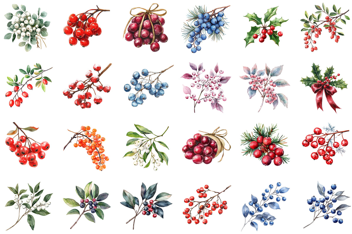 Watercolor Winter Berry Christmas Clipart PNG Bundle