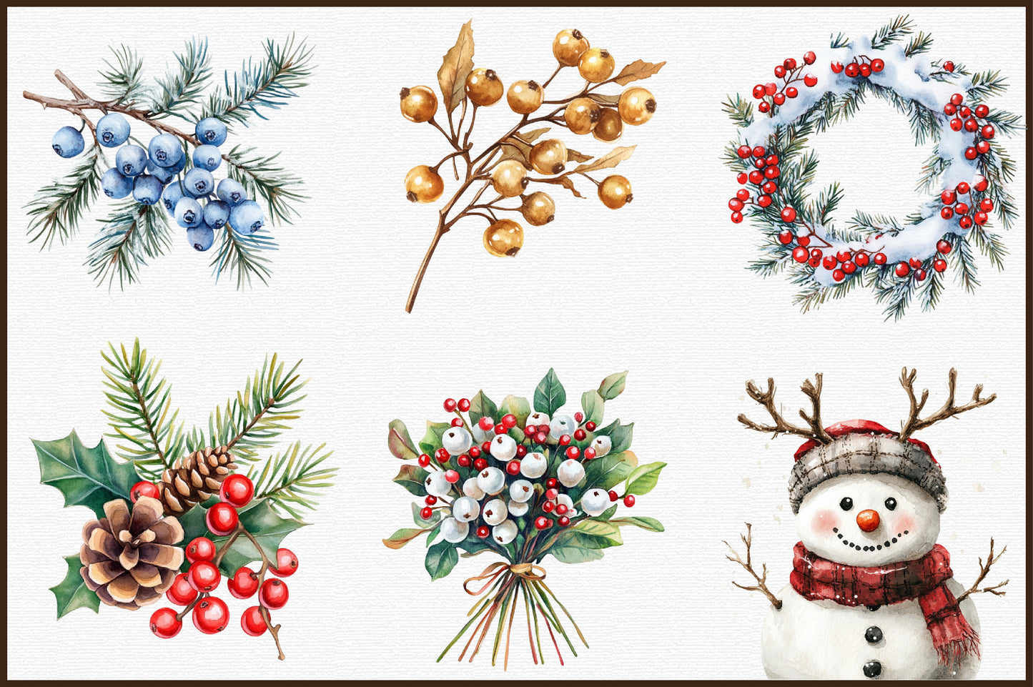 Watercolor Winter Berry Christmas Clipart PNG Bundle