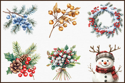 Watercolor Winter Berry Christmas Clipart PNG Bundle