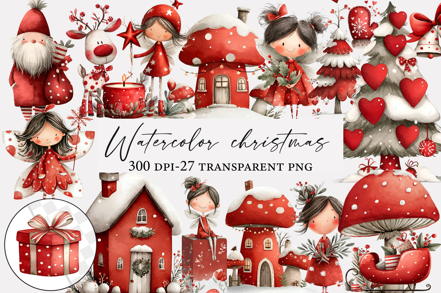 Watercolor Christmas Clipart PNG | Cute Christmas Characters & Holiday Winter Bundle | 27 Transparent PNG
