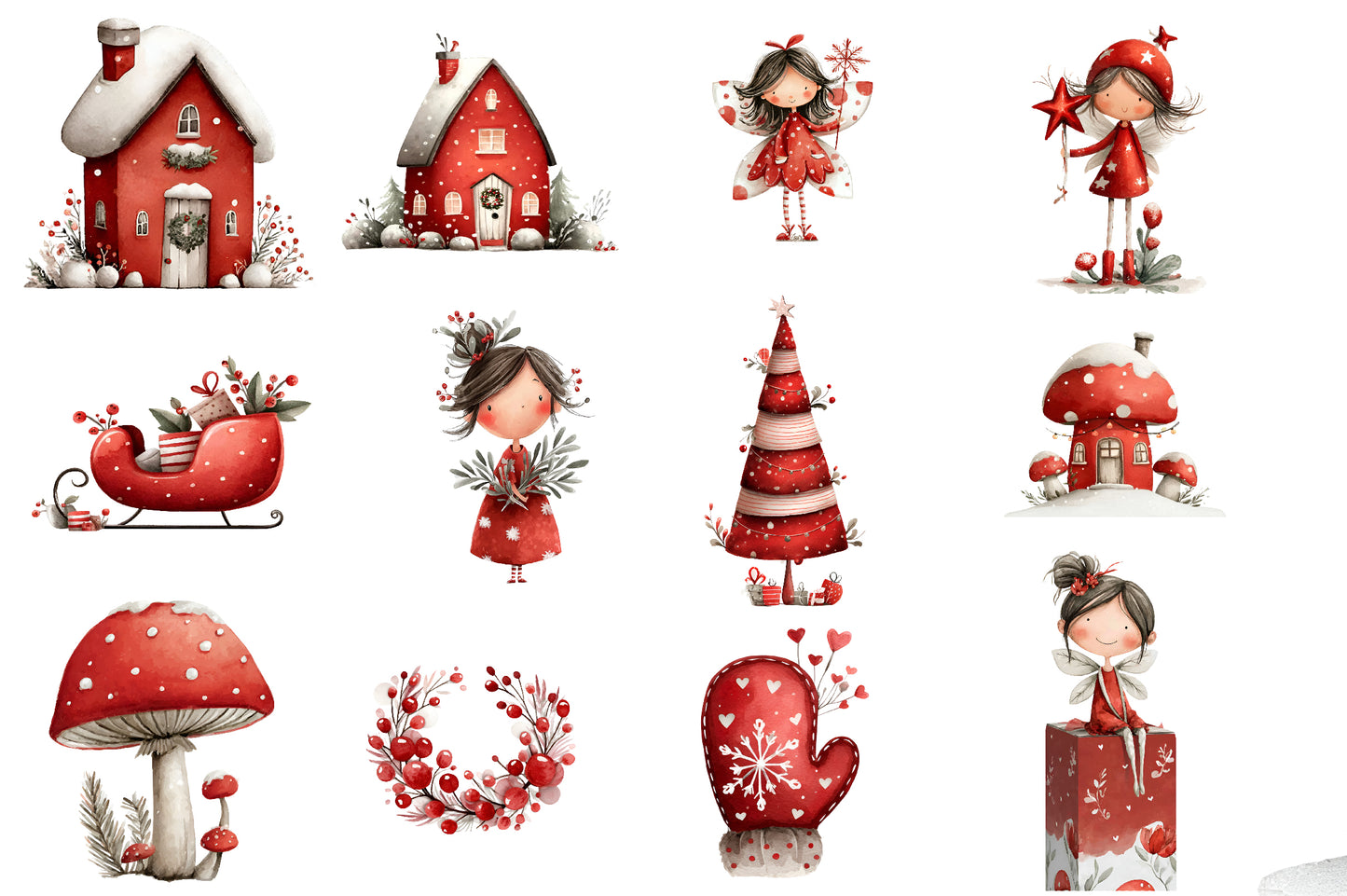 Watercolor Christmas Clipart PNG | Cute Christmas Characters & Holiday Winter Bundle | 27 Transparent PNG