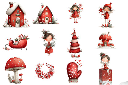 Watercolor Christmas Clipart PNG | Cute Christmas Characters & Holiday Winter Bundle | 27 Transparent PNG