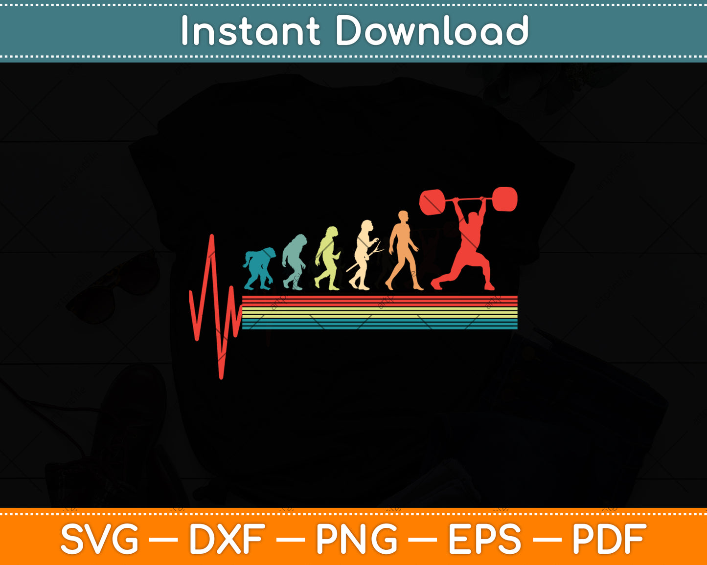 Weightlifting Vintage Heartbeat Evolution Svg Digital Cutting File