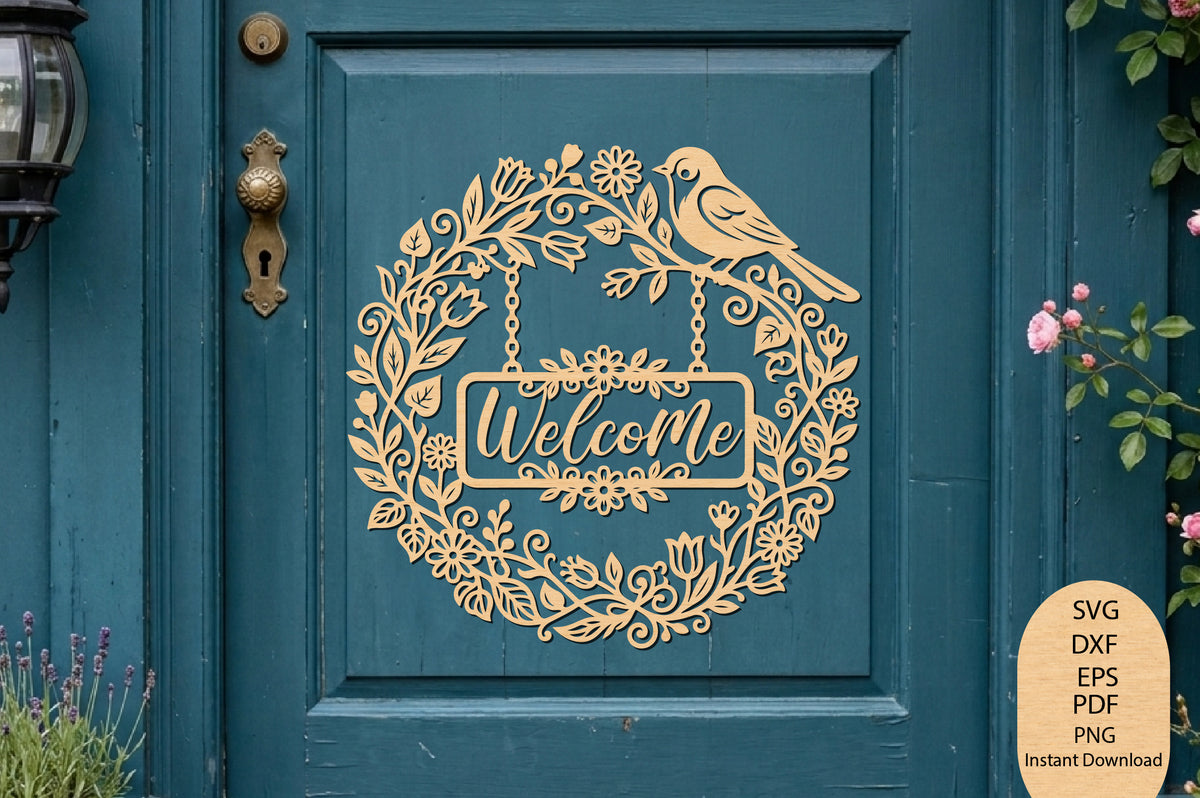 Welcome Bird Floral Wreath Laser Cut SVG, Bird Wreath Cut File