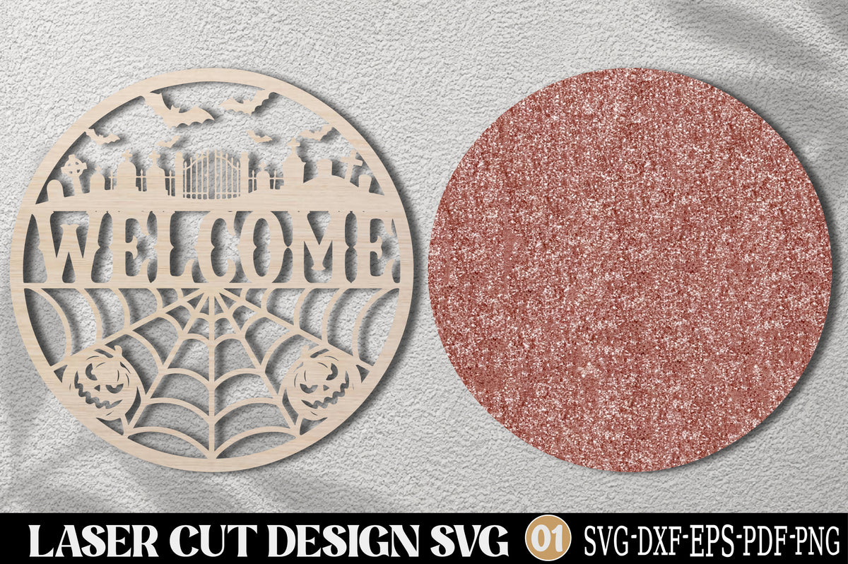 Welcome Halloween Sign Laser Cut SVG | Spider Web Pumpkin Haunted Cemetery SVG