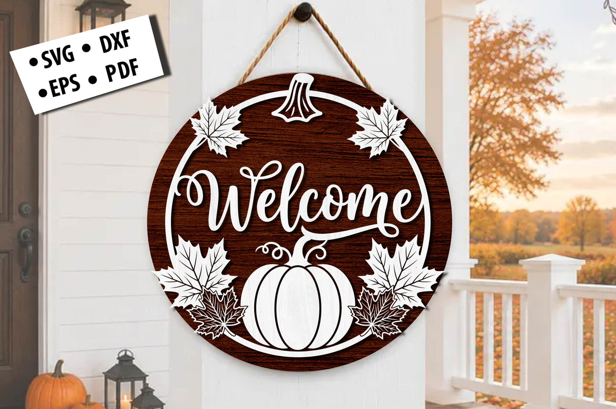 Welcome Pumpkin Maple Leaves Laser Cut SVG