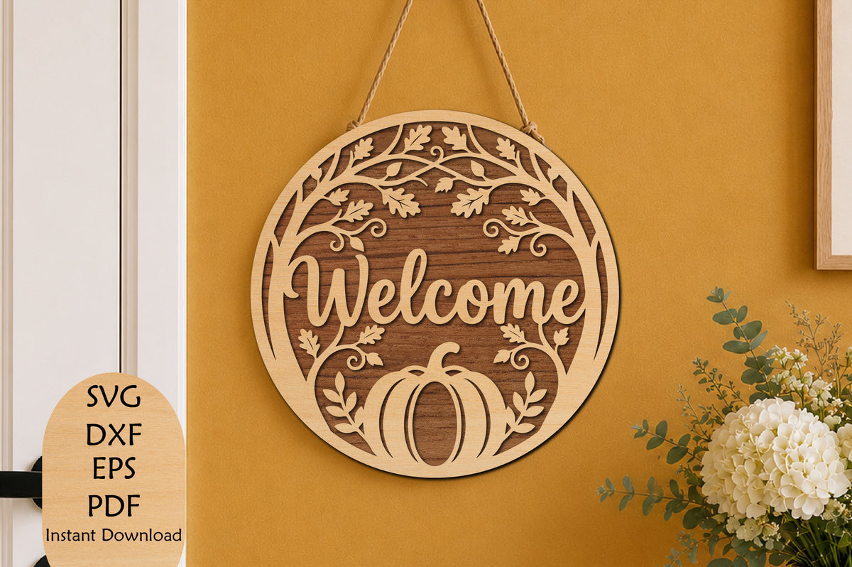 Welcome Pumpkin Round Door Hanger SVG Laser Cut File
