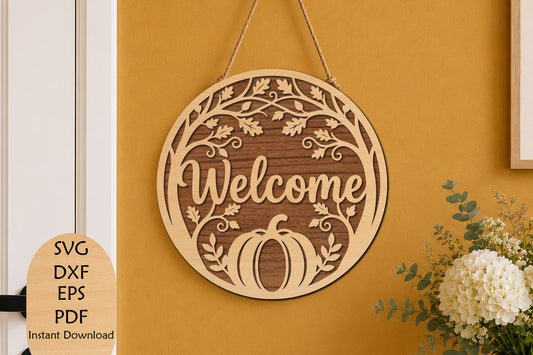 Welcome Pumpkin Round Door Hanger SVG Laser Cut File