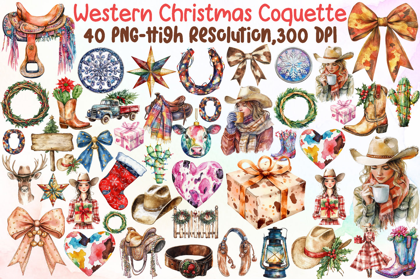 Watercolor Western Christmas Coquette Clipart PNG Bundle