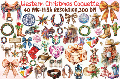 Watercolor Western Christmas Coquette Clipart PNG Bundle