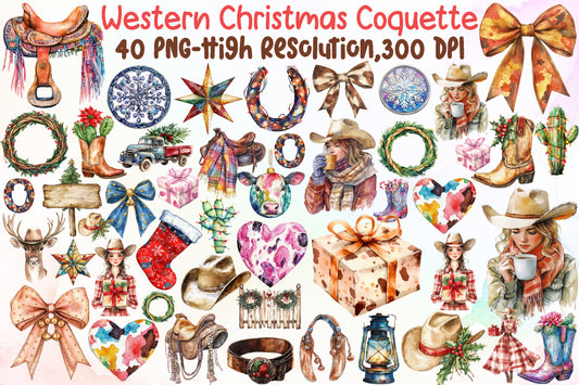 Watercolor Western Christmas Coquette Clipart PNG Bundle