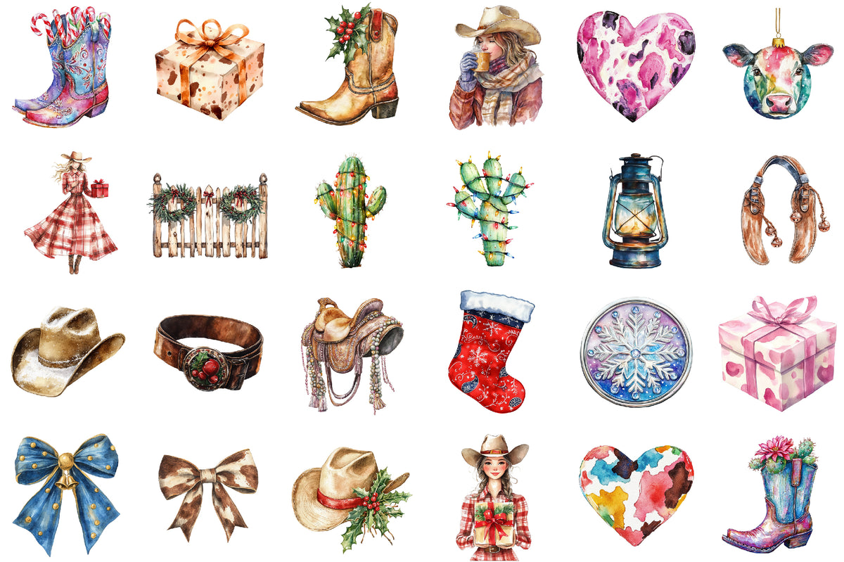 Watercolor Western Christmas Coquette Clipart PNG Bundle