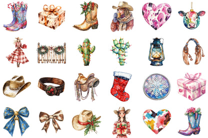 Watercolor Western Christmas Coquette Clipart PNG Bundle