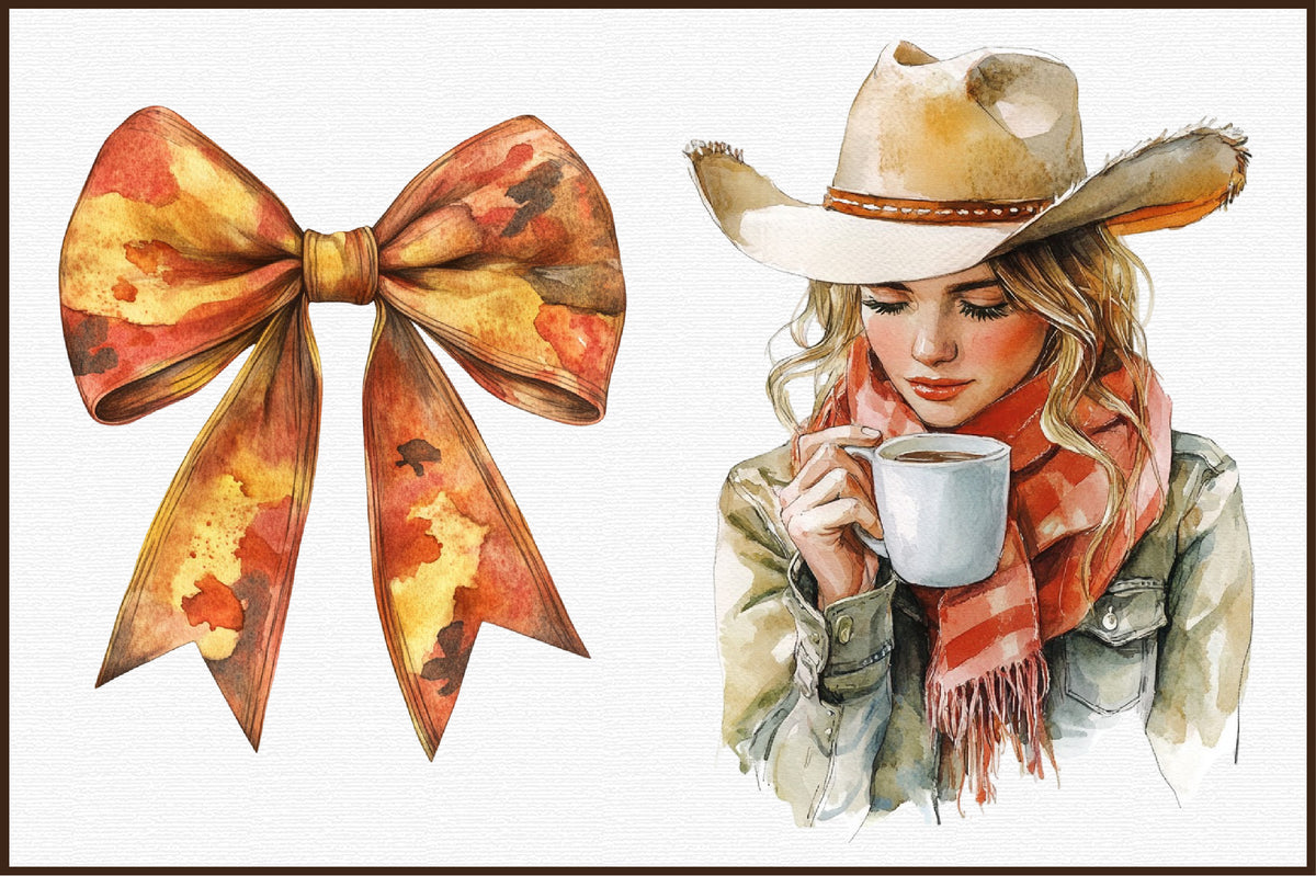 Watercolor Western Christmas Coquette Clipart PNG Bundle