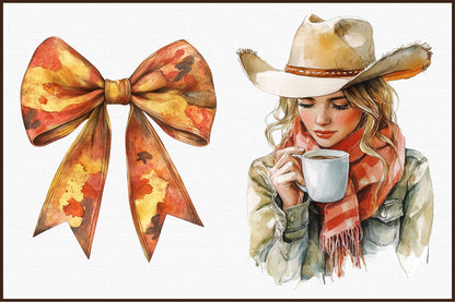 Watercolor Western Christmas Coquette Clipart PNG Bundle
