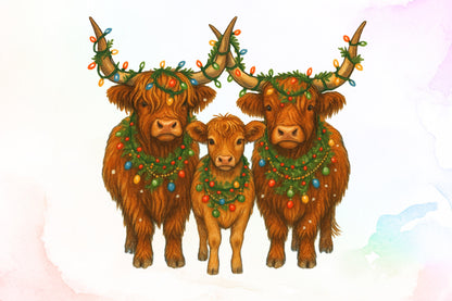Watercolor Western Christmas Highland Cow Family Clipart Country Holiday PNG
