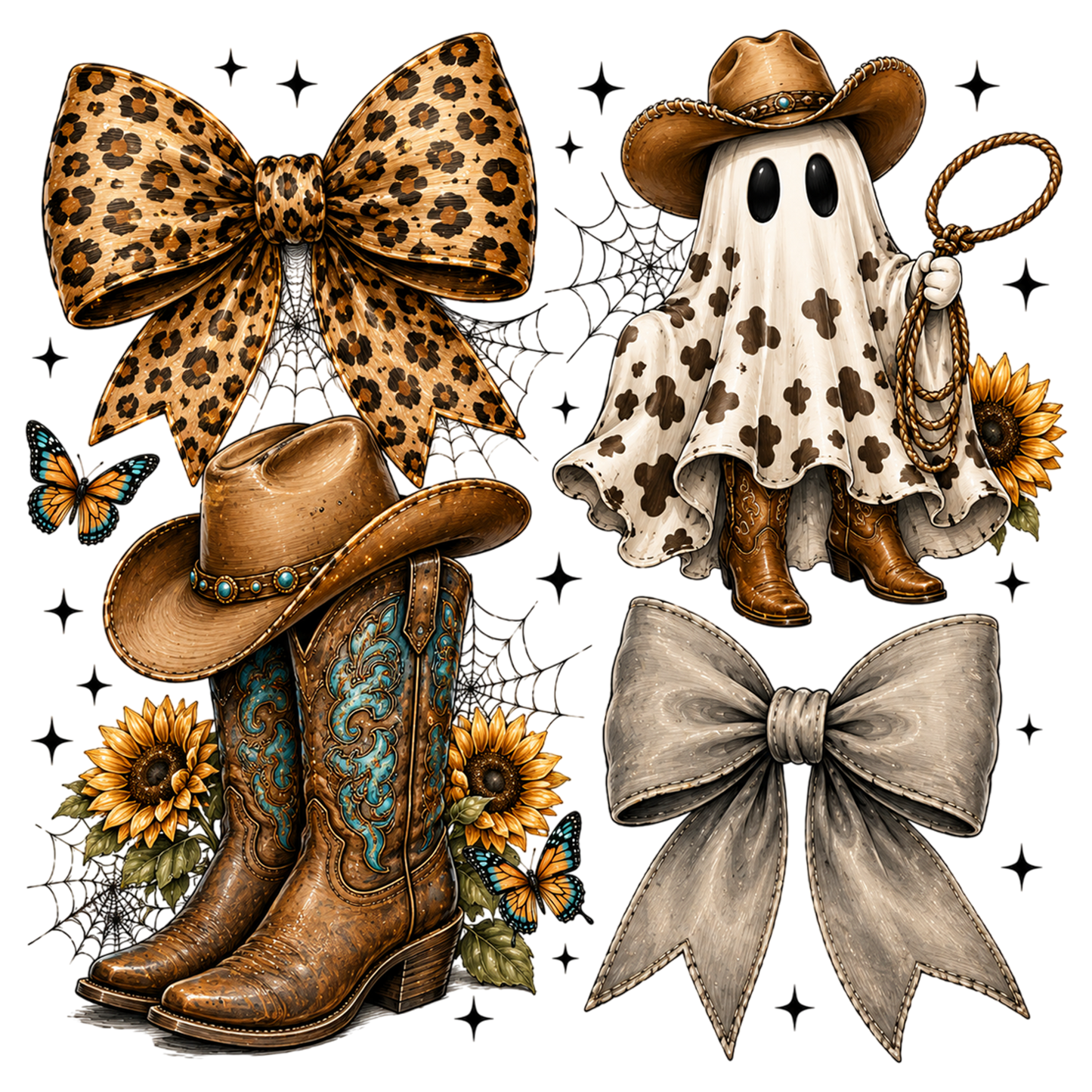 Western Halloween Ghost Coquette PNG | Leopard Bow Cowboy Boots Ghost Cowgirl Spooky Western Clipart | Fall Sublimation Design