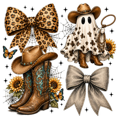 Western Halloween Ghost Coquette PNG | Leopard Bow Cowboy Boots Ghost Cowgirl Spooky Western Clipart | Fall Sublimation Design