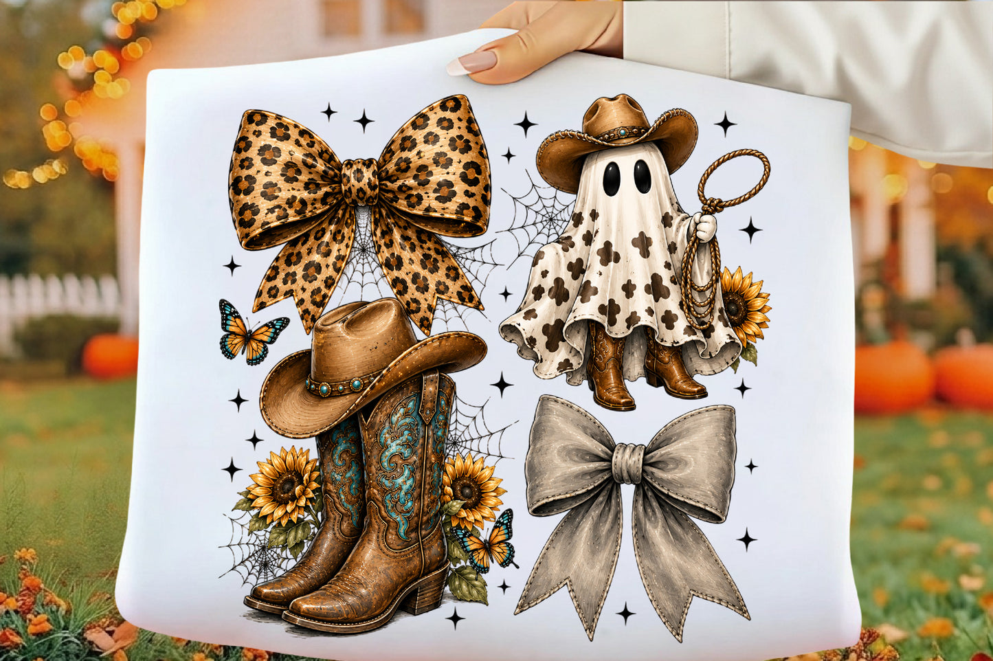 Western Halloween Ghost Coquette PNG | Leopard Bow Cowboy Boots Ghost Cowgirl Spooky Western Clipart | Fall Sublimation Design