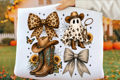 Western Halloween Ghost Coquette PNG | Leopard Bow Cowboy Boots Ghost Cowgirl Spooky Western Clipart | Fall Sublimation Design