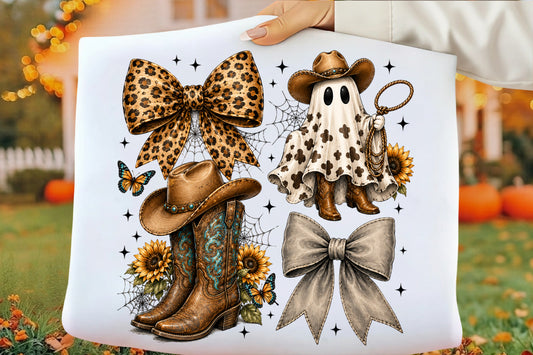 Western Halloween Ghost Coquette PNG | Leopard Bow Cowboy Boots Ghost Cowgirl Spooky Western Clipart | Fall Sublimation Design