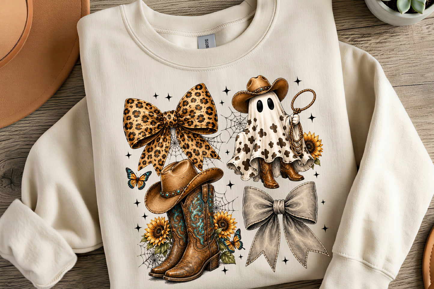 Western Halloween Ghost Coquette PNG | Leopard Bow Cowboy Boots Ghost Cowgirl Spooky Western Clipart | Fall Sublimation Design