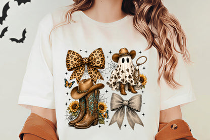 Western Halloween Ghost Coquette PNG | Leopard Bow Cowboy Boots Ghost Cowgirl Spooky Western Clipart | Fall Sublimation Design