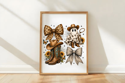 Western Halloween Ghost Coquette PNG | Leopard Bow Cowboy Boots Ghost Cowgirl Spooky Western Clipart | Fall Sublimation Design