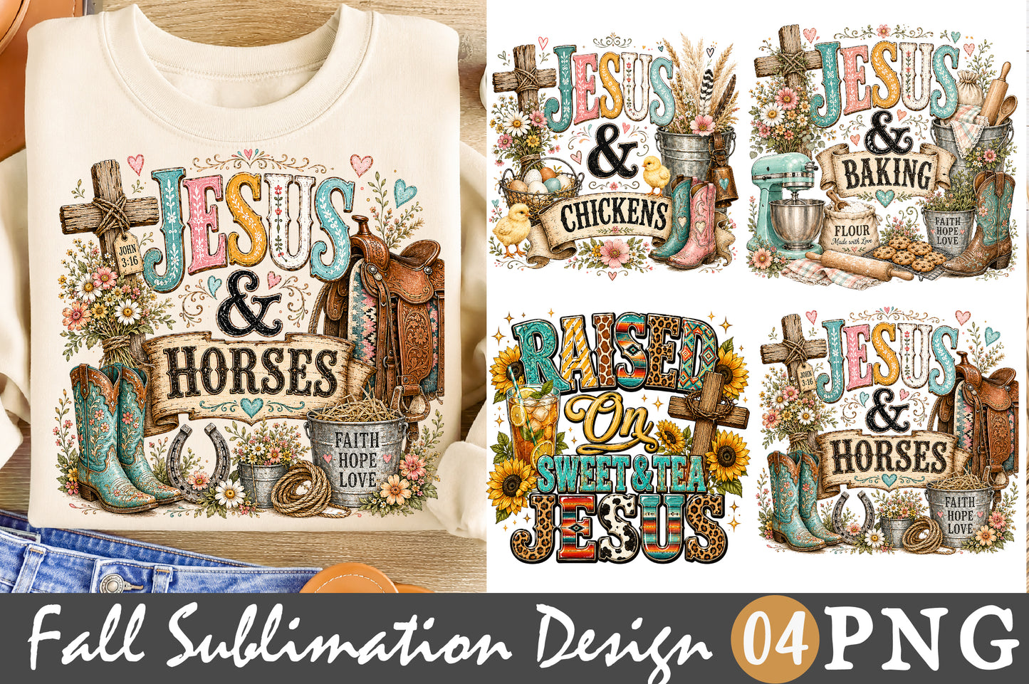 Western Jesus PNG Cowgirl Faith Horses Country Sublimation Design