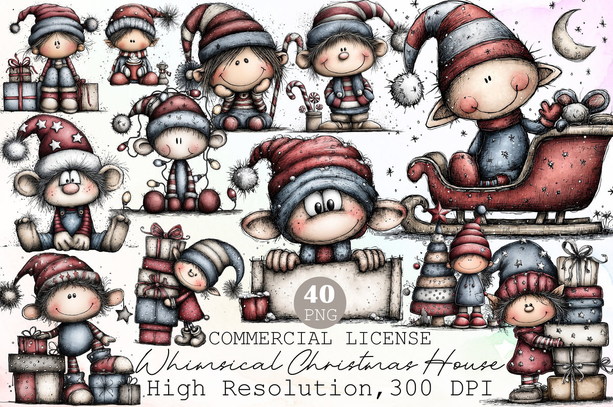 Whimsical Christmas Elf Clipart Bundle Cute Watercolor Holiday Characters PNG