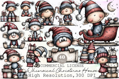 Whimsical Christmas Elf Clipart Bundle Cute Watercolor Holiday Characters PNG