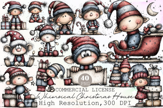 Whimsical Christmas Elf Clipart Bundle Cute Watercolor Holiday Characters PNG