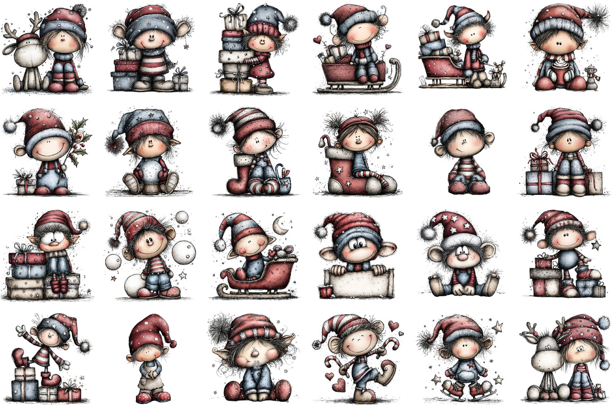 Whimsical Christmas Elf Clipart Bundle Cute Watercolor Holiday Characters PNG