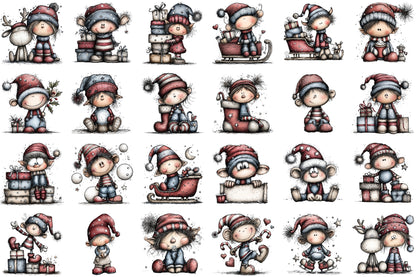 Whimsical Christmas Elf Clipart Bundle Cute Watercolor Holiday Characters PNG