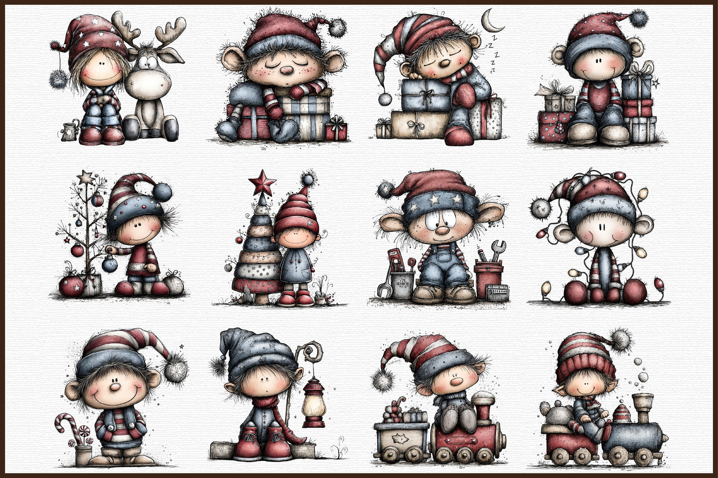 Whimsical Christmas Elf Clipart Bundle Cute Watercolor Holiday Characters PNG