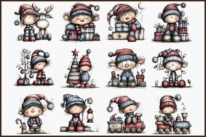 Whimsical Christmas Elf Clipart Bundle Cute Watercolor Holiday Characters PNG