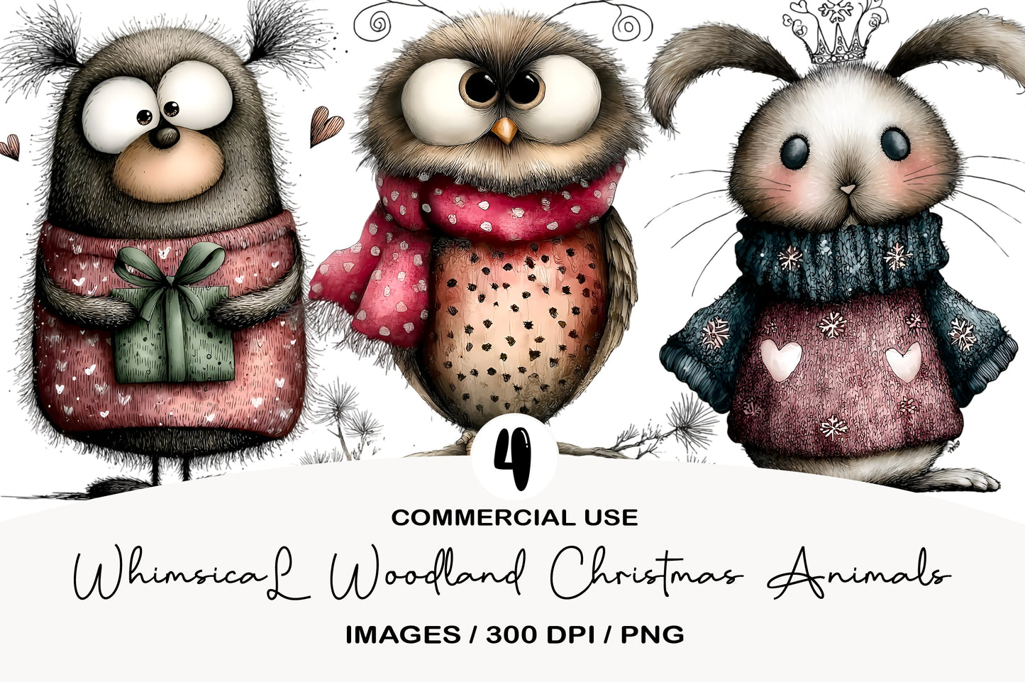 Whimsical Woodland Christmas Animals Clipart PNG Bundle | Cute Watercolor Forest Holiday Animals | Winter Woodland PNG