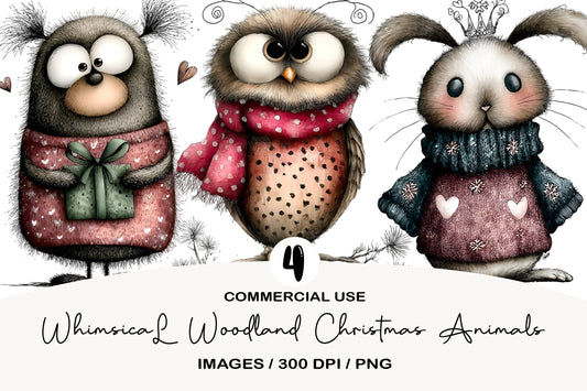 Whimsical Woodland Christmas Animals Clipart PNG Bundle | Cute Watercolor Forest Holiday Animals | Winter Woodland PNG