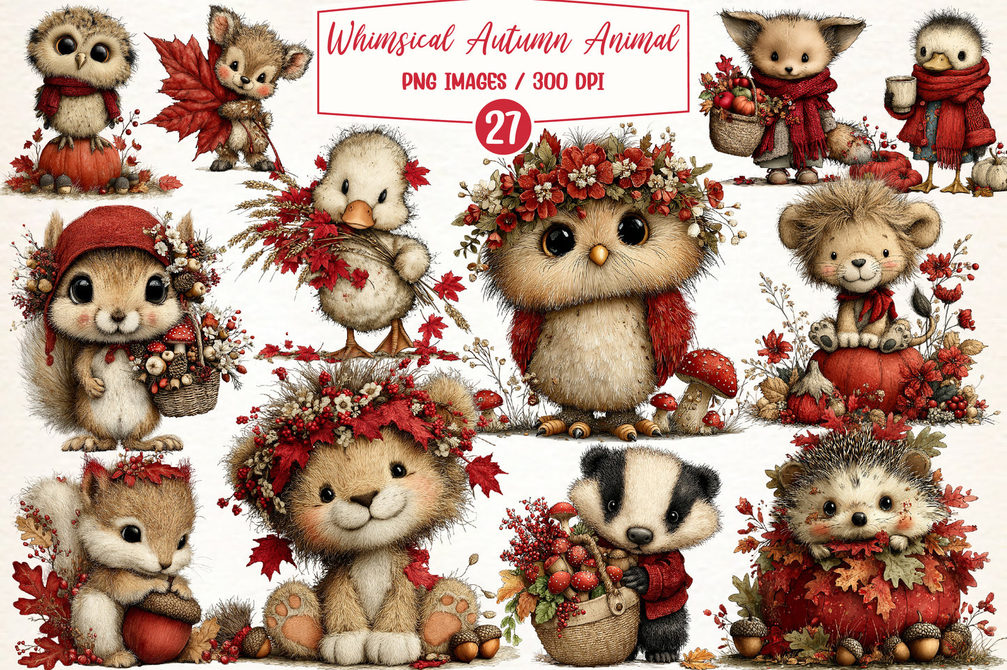 Whimsical Autumn Animal Clipart PNG | 27 PNG Fall Woodland Bundle