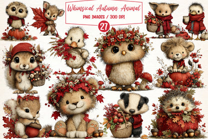 Whimsical Autumn Animal Clipart PNG | 27 PNG Fall Woodland Bundle