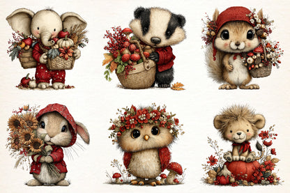 Whimsical Autumn Animal Clipart PNG | 27 PNG Fall Woodland Bundle